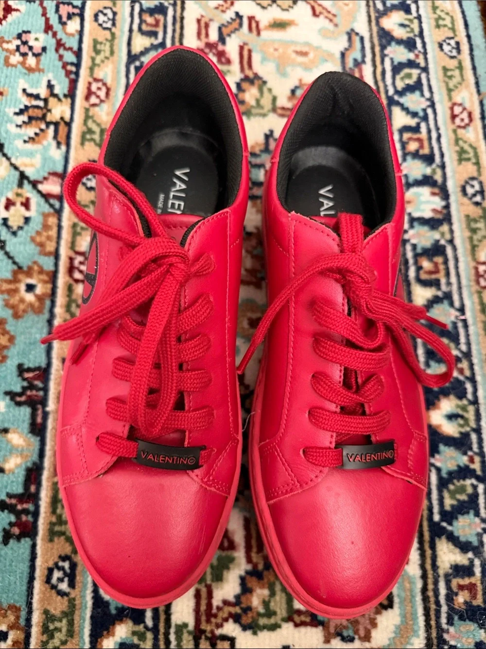 Valentino Bright Red Leather Lace-Up Sneakers